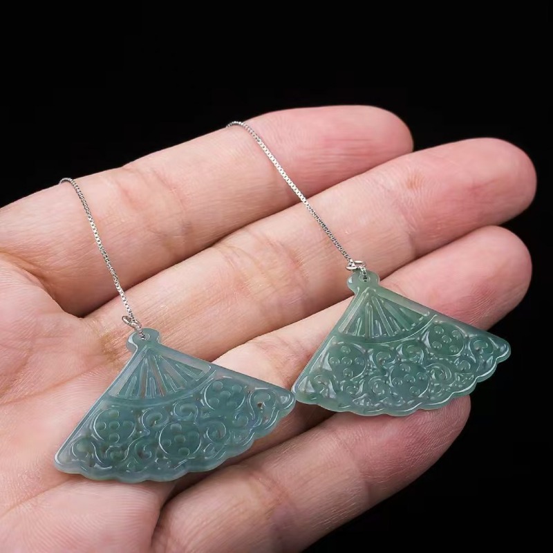 Men Accessories Jewellery - Natural Blue Water Emerald Jade Fan