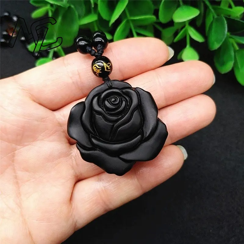 Men Accessories Jewellery - Natural Obsidian Cute Rose Flower Pendant