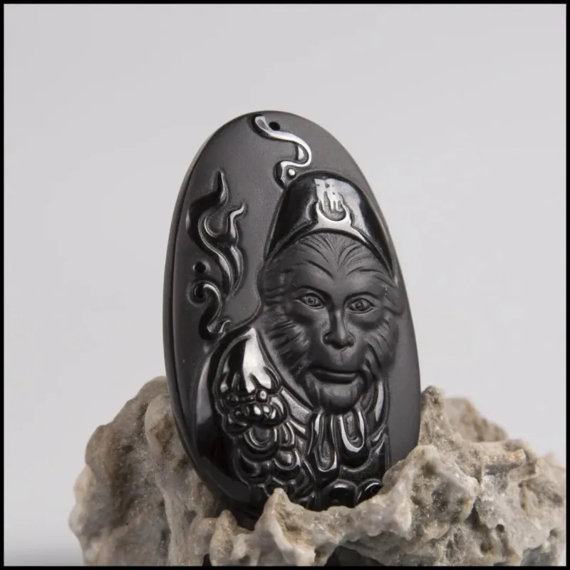 Natural Obsidian Sun WuKong Pe - Men Accessories Jewellery 评论和价格