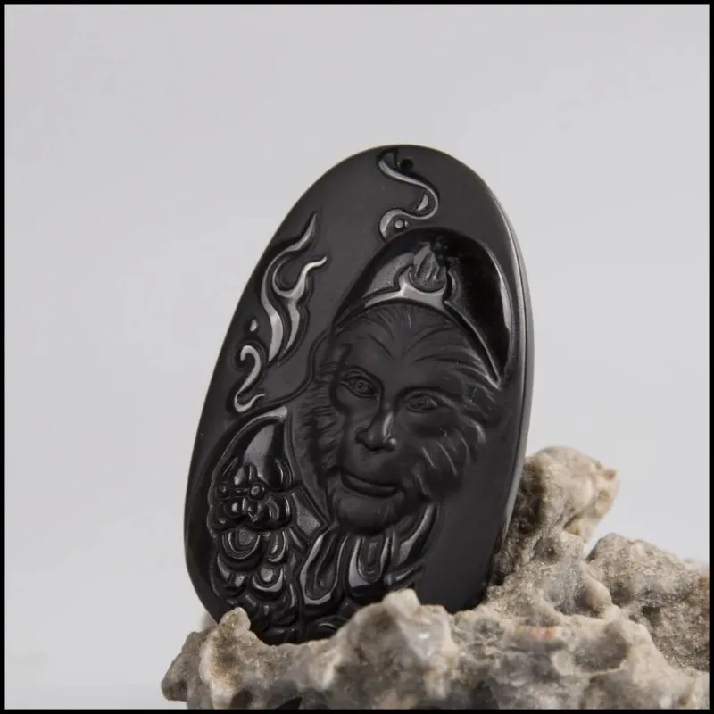 Natural Obsidian Sun WuKong Pe - Men Accessories Jewellery 评论和价格